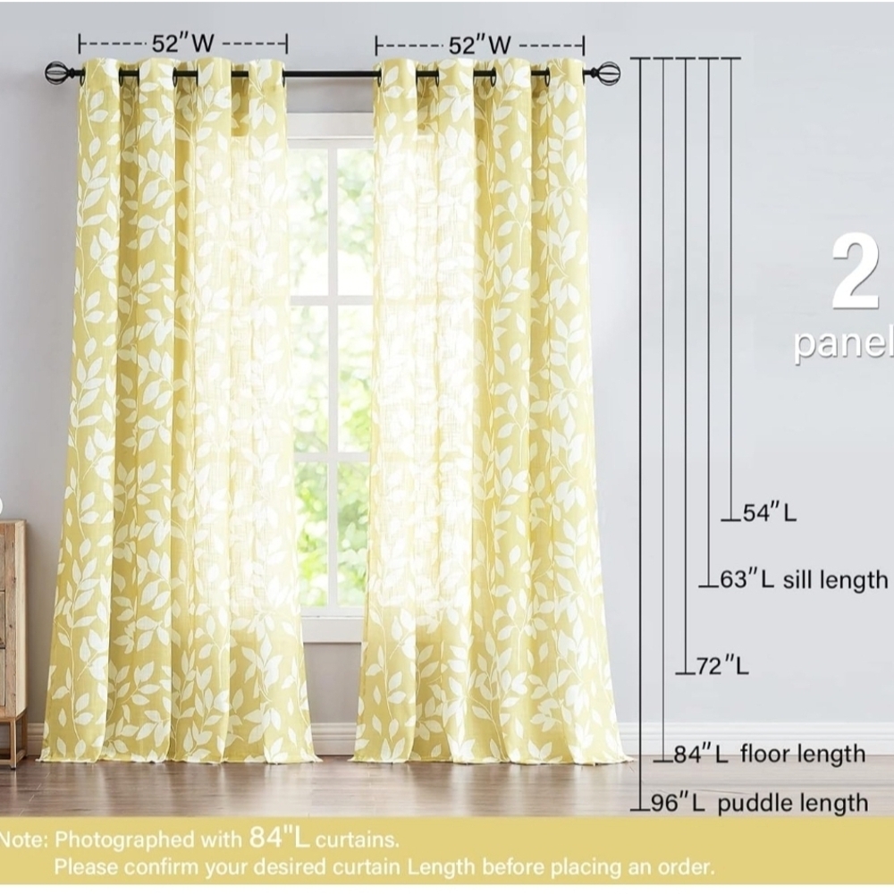 Semi-Sheer White and Yellow Leaf Print Curtains for Living Room 72" Length - Picture 2 of 3